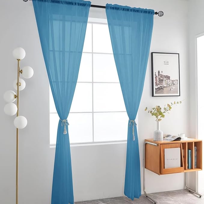 SpaceDresser Basic Rod Pocket Sheer Voile Window Curtain Panels Blue 1 Pair 2 Panels 52 Width 72 Inch Long for Kitchen Bedroom Children Living Room Yard（Blue, 52W x 72L）