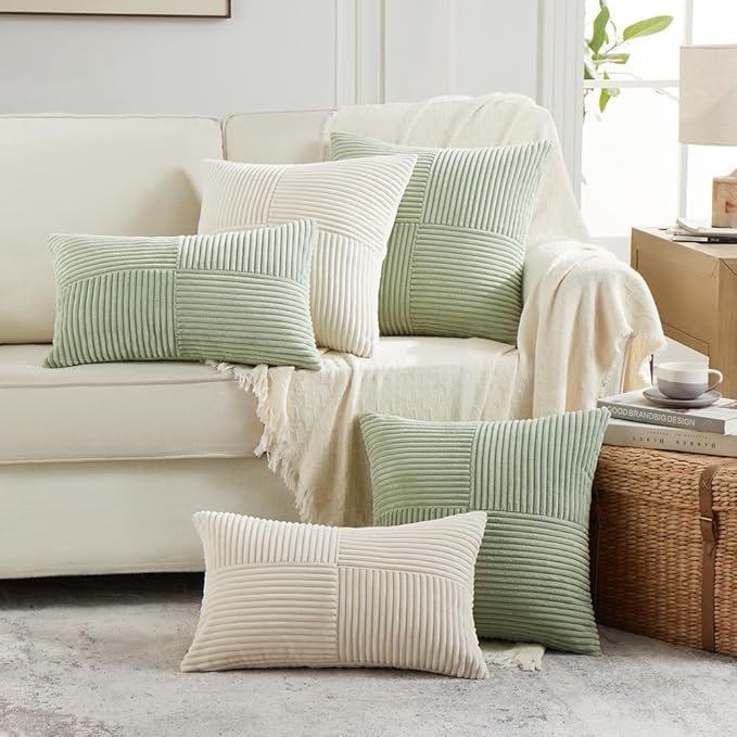 Fancy Homi 2 Packs Cream Long Lumbar Decorative Throw Pillow Covers 16x24 Inch for Couch Bed Sofa, Rustic Farmhouse Boho Home Decor, Soft Striped Corduroy Rectangle Accent Cushion Case 40x60 cm