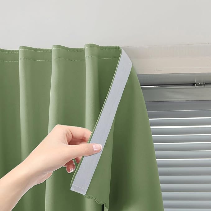 Magic Tape Blackout Curtains for Bedroom No Drillng Self Adhesive Curtains No Rod Small Window, 59" W X 59" L, Sage Green, 1 Panel