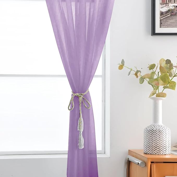 SpaceDresser Sheer Voile Window Treatment Rod Pocket Curtain Panels for Kitchen Bedroom Living Room Drapes Sunlight Filtering Privacy Semi Home Decor Assorted (Lavender, 52 W x 72 L)