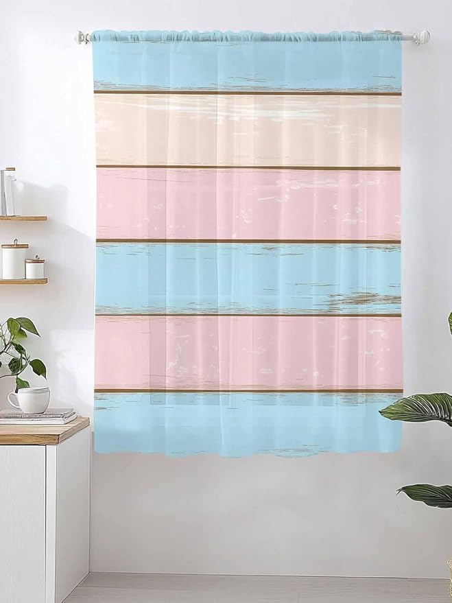 Sheer Curtains 63 Inch Length, Farmhouse Country Shabby Striped Privacy Voile - Image 2