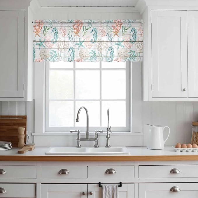 Teal Seahorse Starfish Sheer Valance Curtains, Summer Beach Coral Shell Board - Image 2