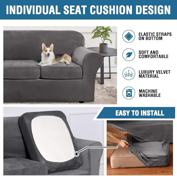 H.VERSAILTEX High Stretch Sofa Slipcover 4 Piece Cover Velvet Furniture Protector Form Fit Thick Velvet Extra Large Sofa Cover for 3 Cushion Couch Width Up to 97 Inch (Large Sofa, Grey)
