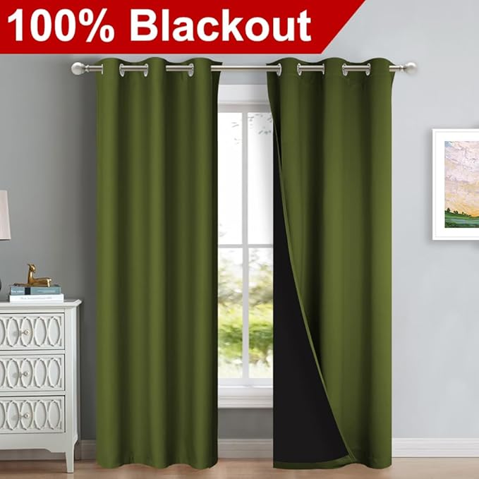 NICETOWN Blackout Curtains 84 inches Long, 2 Pieces, 42" Wide Each Panel, Olive Green, Full Light Blocking Drapes with Black Liner for Nursery, Thermal Insulated Draperies for Hall, Villa