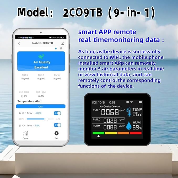 2CO9TB Smart WiFi Air Quality Monitor, Air Dust PM2.5 PM1.0 PM10 and Thermometer - Image 4