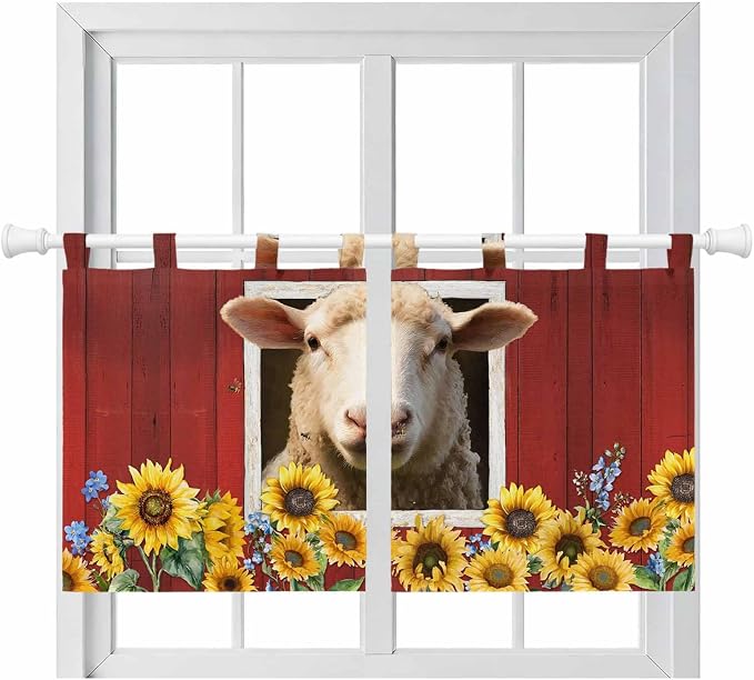 Sheep Sunflower Kitchen Curtains 36 Inch Length, Small Window Curtains Tab Top by Unknown