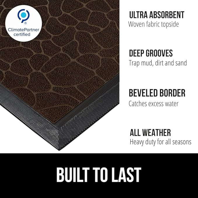 GORILLA GRIP 100% Waterproof All-Season WeatherMAX Doormat, US Designed Natural Rubber, Stain and Fade Resistant, Low Profile Indoor Outdoor Door Mats, Easy Clean Patio Mat, 29x17, Dark Brown Pebble