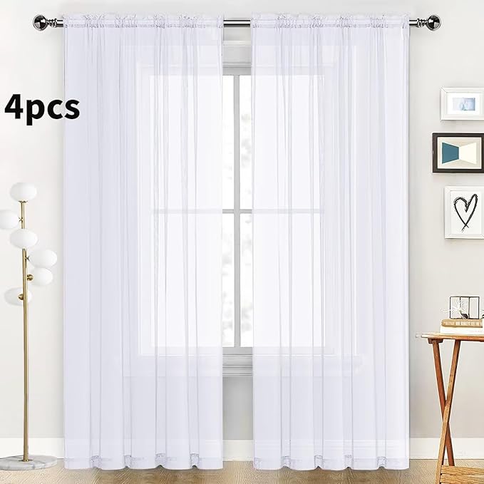 SpaceDresser Optical White Sheer Curtains 4 Panels Rod Pocket Semi-Sheer Curtain 84 Inches Long Light Filtering Voile Window Drapes for Bedroom Living Room Kitchen, Each 52W x 84L