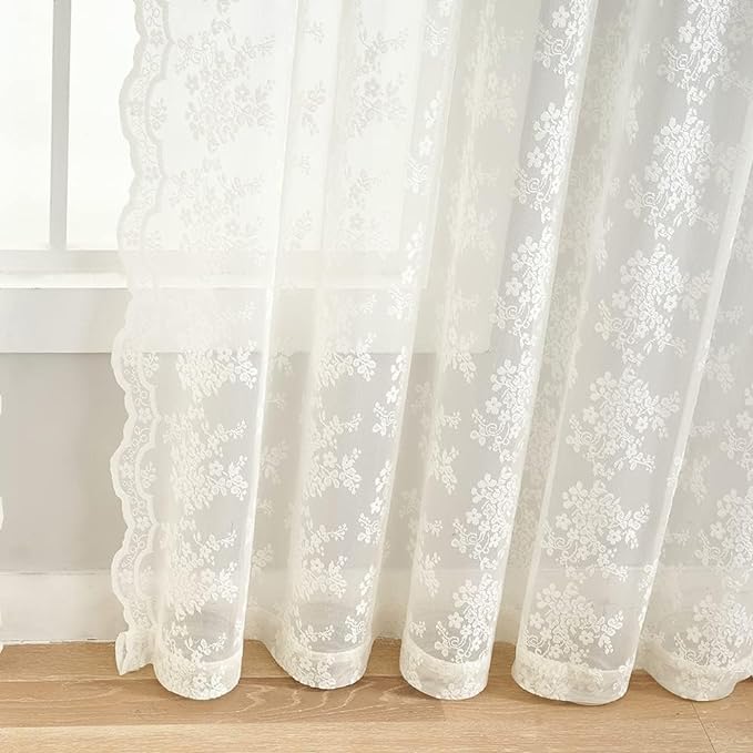 YJ YANJUN Vintage Lace Curtains Elegant Flower Off White 132 inch Curtains 1 Pair Extra Long Cream Colored High Ceiling Drapes for Large Windows Patio Sliding Door 11 Foot 52" W x 132" L Ivory