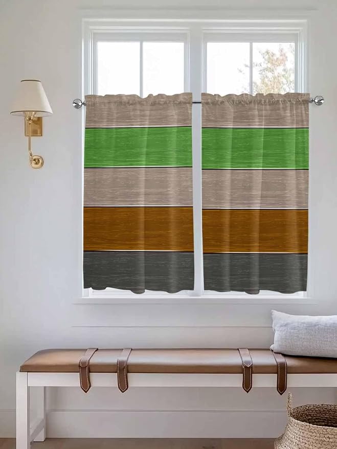 Farm Gray Green Brown Wood Grain Window Valance Curtains, Rustic Wooden Plank by IDOWMAT