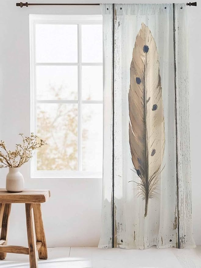 Sheer Curtains 108 Inches Long, Farmhouse Feather Semi Sheer Curtains Light - Image 3