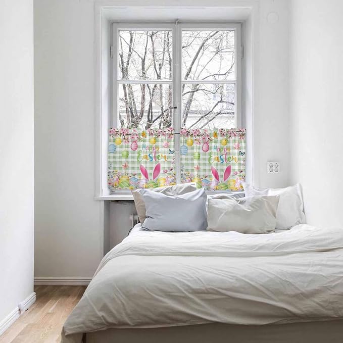 Happy Easter Half Window Curtain 36 Inches Long, Spring Bunny Eggs Flower Sage - Image 5