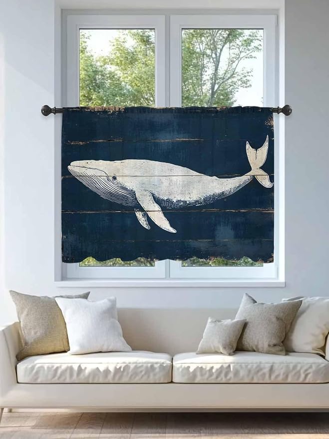 Sheer Curtains 45 Inch Length, Ocean Whale Blue Semi Sheer Curtains Light - Image 4