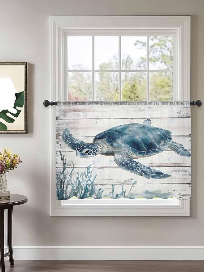 Sheer Curtains 45 Inch Length, Ocean Sea Turtle Semi Sheer Curtains Light - Image 2