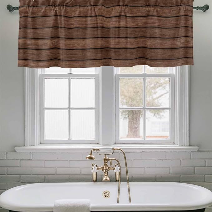 2 Pack Kitchen Valance for Windows, Farm Brown Wood Board Light Filtering Rod - Image 3
