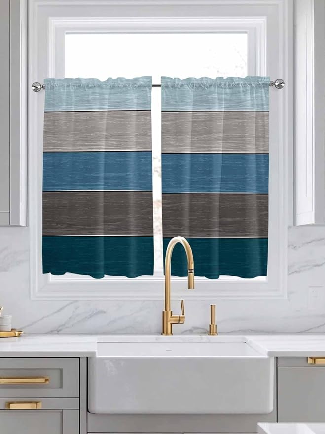 Retro Farm Blue Gray Wood Grain Window Valance Curtains, Rustic Wooden Plank by IDOWMAT