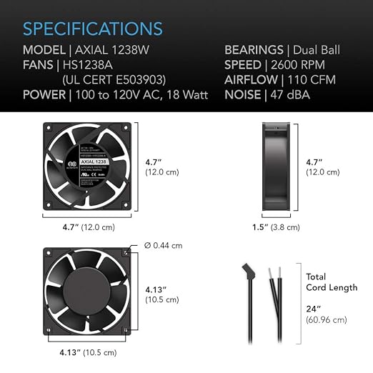 AC Infinity AXIAL 1238W, Muffin Fan, 120V AC 120mm x 38mm High Speed, - Image 6