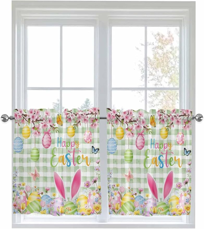 Happy Easter Half Window Curtain 36 Inches Long, Spring Bunny Eggs Flower Sage by Unknown