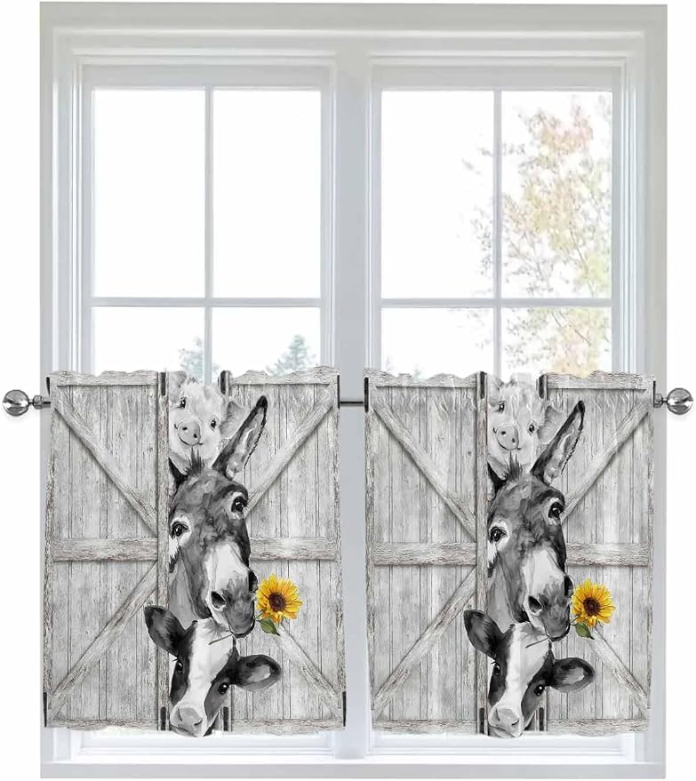Grey Farmhouse Half Window Curtains 24 Inches Long, Vintage Sunflowers Animals by Unknown