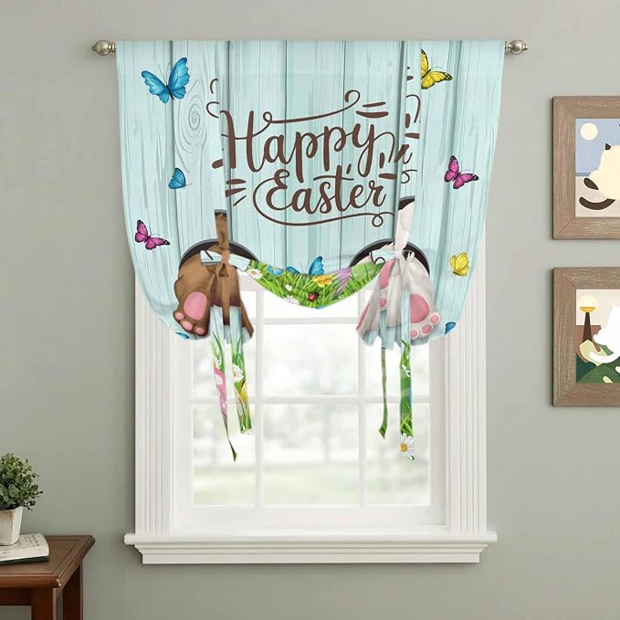 Tie Up Curtains, Happy Easter Bunny Butt Egg Floral Adjustable Rod Pocket - Image 3