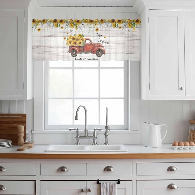 Farmhouses Sunflowers Sheer Valance Curtains, Retro Floral Leaves Red Truck - Image 2