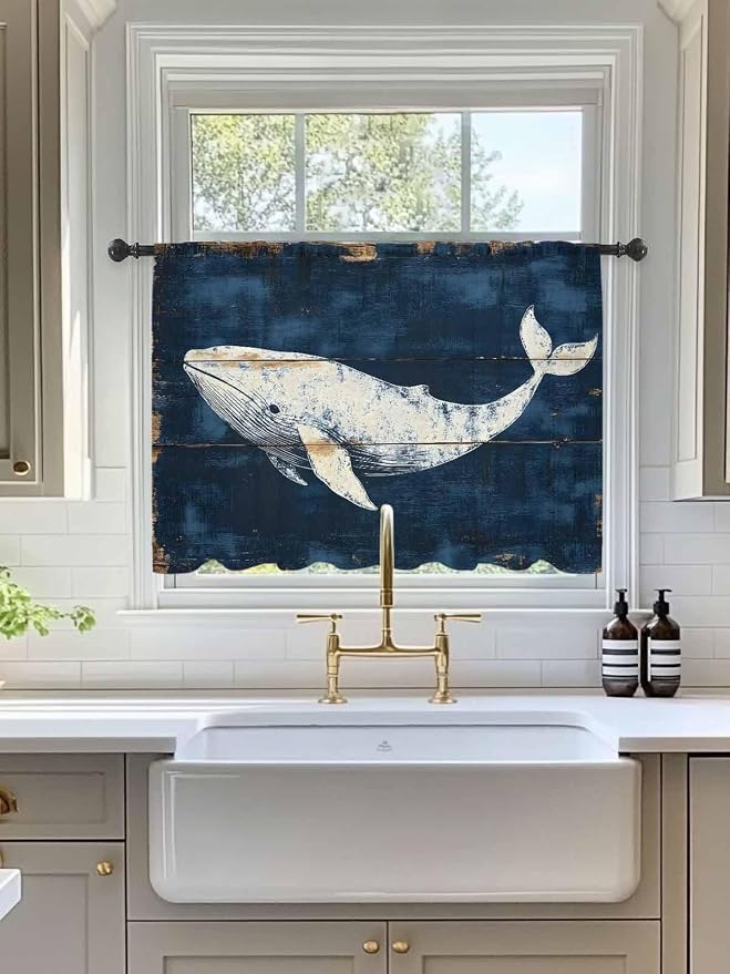 Sheer Curtains 45 Inch Length, Ocean Whale Blue Semi Sheer Curtains Light - Image 3