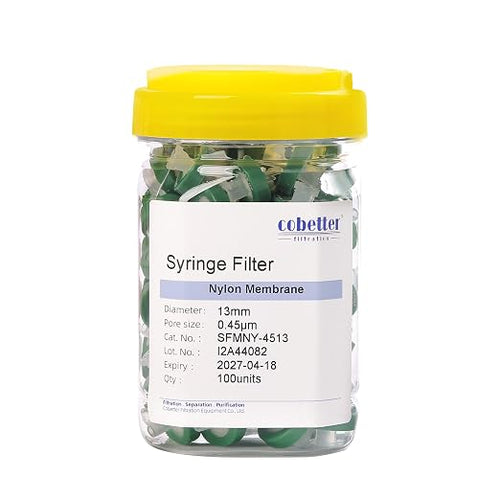 100 Pack Syringe Filter Nylon Lab Filters 0.45μm Pore Size 13mm Diameter by COBETTER