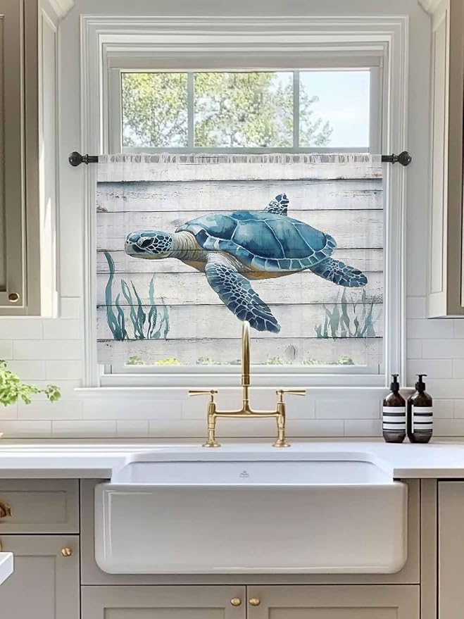 Sheer Curtains 45 Inch Length, Sea Turtle Blue Semi Sheer Curtains Light - Image 3