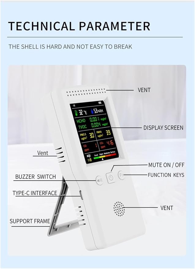 Air Quality Monitor, 9 In 1 Air Quality Detector Handheld CO2 Meter Temperature - Image 8