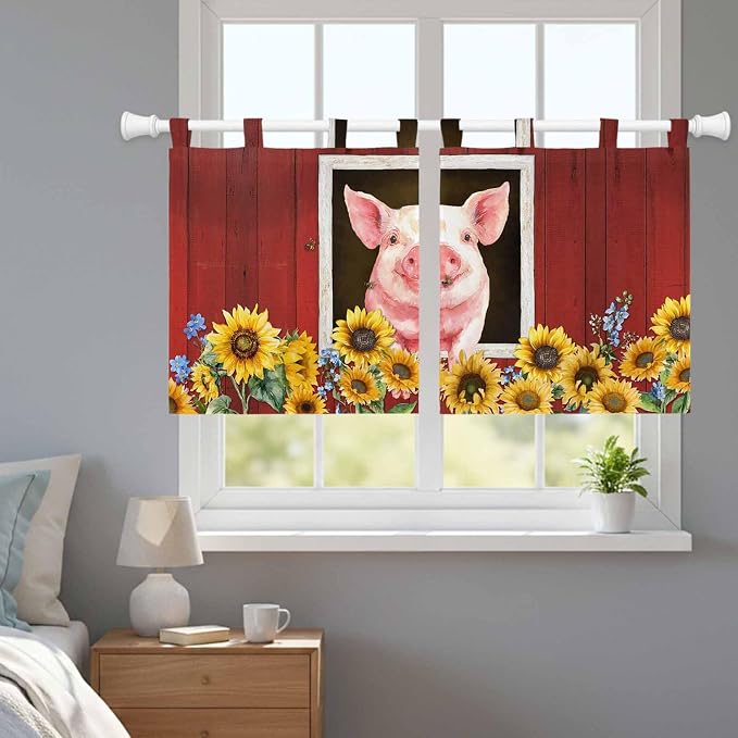 Pigs Sunflowers Kitchen Curtains 24 Inch Length, Small Window Curtains Tab Top - Image 9