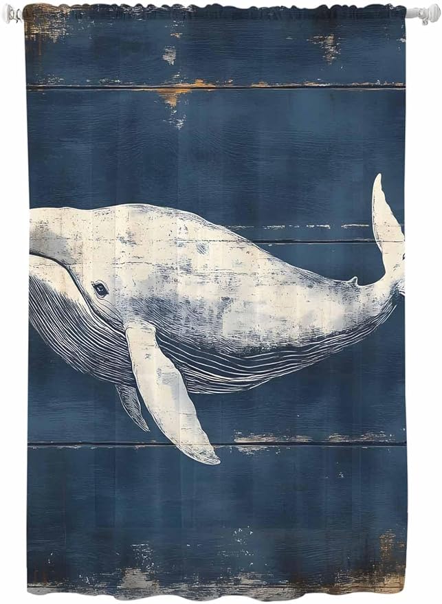 Sheer Curtains 63 Inch Length, Ocean Vintage Whale Semi Sheer Curtains Light by Unknown