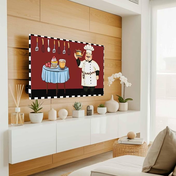 Funny Cook Knife Fork Food on Red Indoor TV Cover, Elastic TV Screen Protector - Image 2