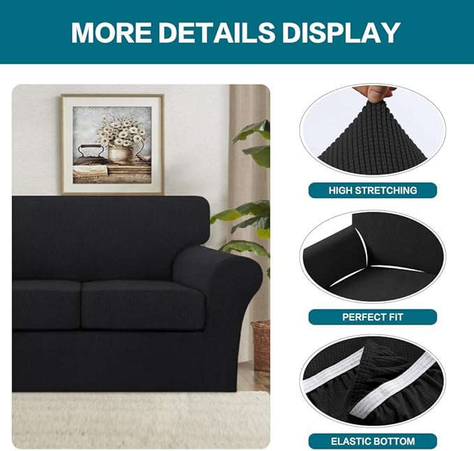 Turquoize 4 Piece Sofa Covers for 3 Cushion Couch Sofa Slipcover Soft Couch Cover for Dogs-Washable Sofa Furniture Covers with 3 Individual Large Cushion Covers (XL Sofa, Black)