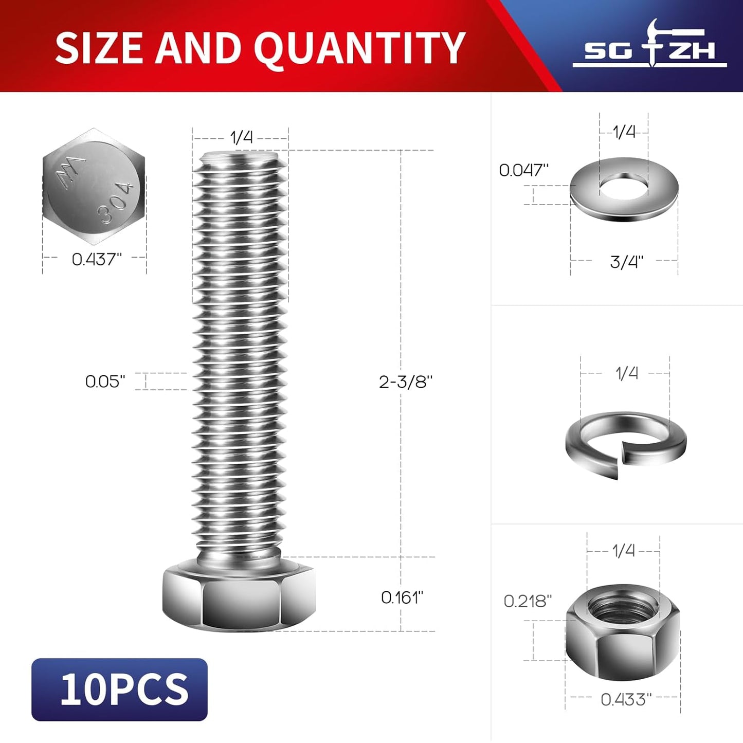 1/4-20 x 2-3/8" Hex Head Screw Bolt, Nuts, Flat & Lock Washers, 10Pcs 18-8 (304) Stainless Steel, Fully Threaded, by SG TZH