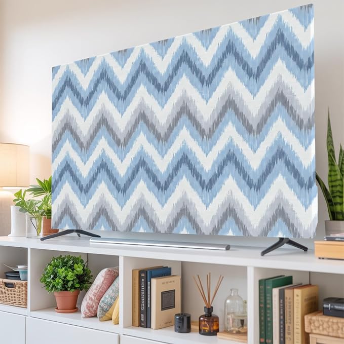 Blue Gray Zigzag Chevron Indoor TV Cover, Elastic TV Screen Protector Abstract - Image 6