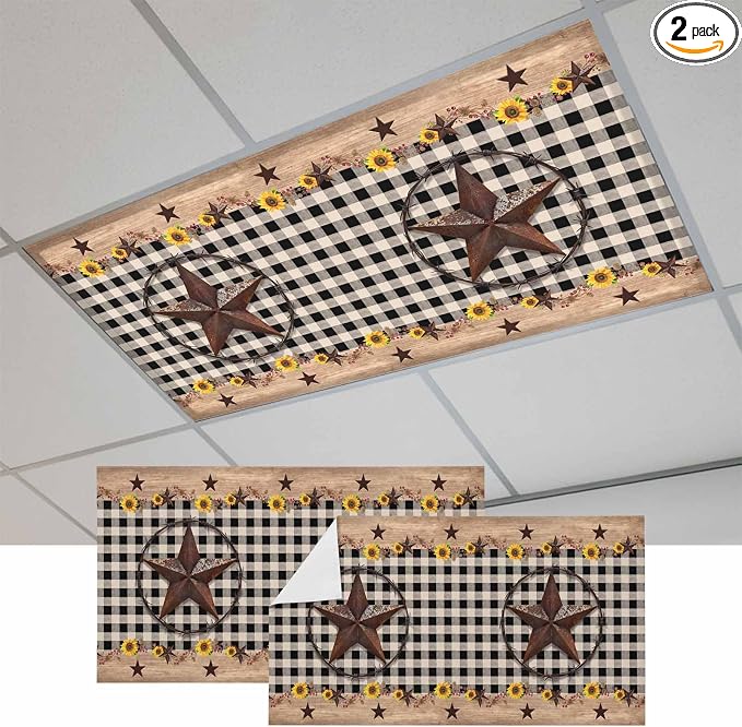 2 Pack Texas Star Fluorescent Light Covers Country Star Sunflower Vintage Plaid by Unknown