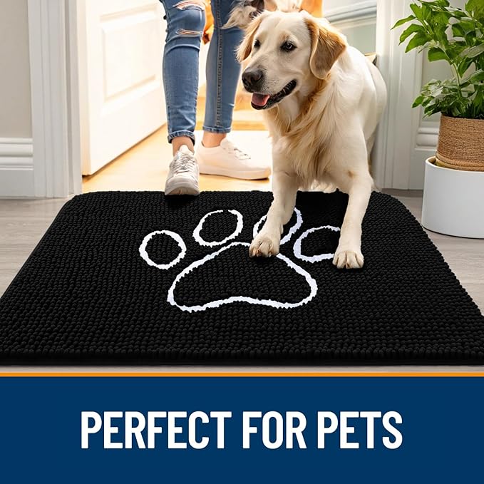 OLANLY Dog Door Mat for Muddy Paws 70x24, Paw Print Design, Absorbs Moisture and Dirt, Absorbent Non-Slip Washable Doormat, Quick Dry Chenille Mud Mat for Dogs, Entry Indoor Entryway Carpet, Black