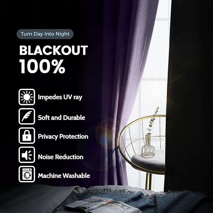 SimpleHome 100% Blackout Curtains for Bedroom,Thermal Insulated Lilac Grommet Window Drapes Room Darkening Curtains for Living Room with Black Back,42 x 36 Inch,2 Panels