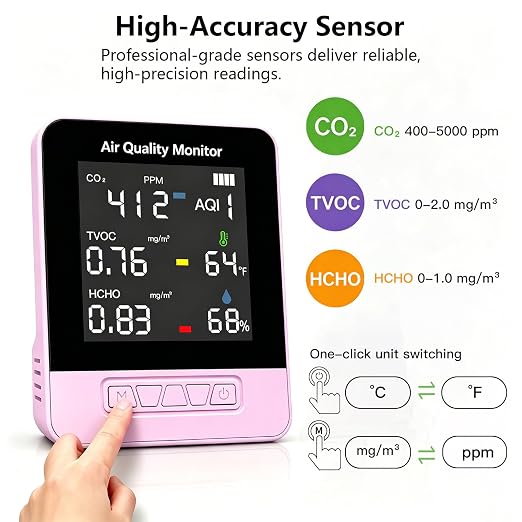 6-in-1 Air Quality Monitor, Smart Indoor CO2 Detector & HCHO TVOC AQI Tester - Image 3