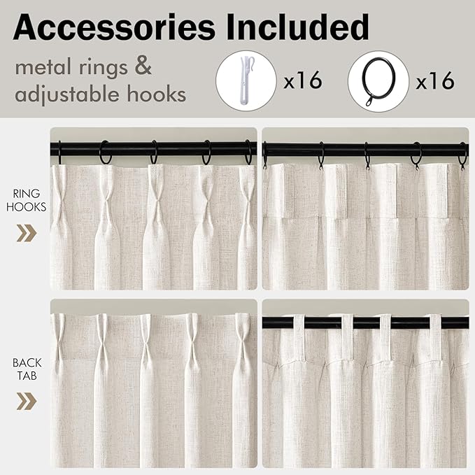 MIULEE Pinch Pleated Thick Linen Curtains 108 Inches Length 2 Panels for Living Room Bedroom, Extra Long Pinch Pleat Drapes Back Tab Light Filtering Natural Foor to Ceiling Curtains with Hooks&Rings