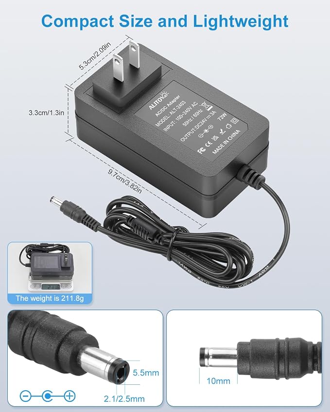 ALITOVE 24V 3A Power Supply AC Adapter 6.2FT Power Cord 100-240V to DC 24 Volt - Image 3