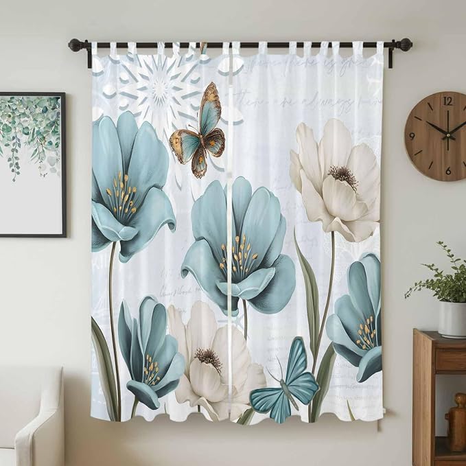 Blue Tulips Living Room Curtains 84 Inch Length, Window Curtains Tab Top - Image 2