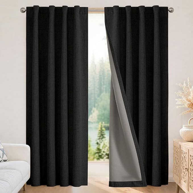 Joydeco Blackout Curtains for Bedroom - 100% Light Blocking 2 Panels Set Black Drapes 42" W x 90" L, Thermal Insulated Room Darkening Curtains, Linen Textured for Living Room, Rod Pocket & Back Tabs
