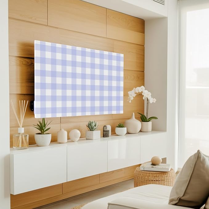 Minimalist Lavender Gingham Plaid Indoor TV Cover, Elastic TV Screen Protector - Image 2