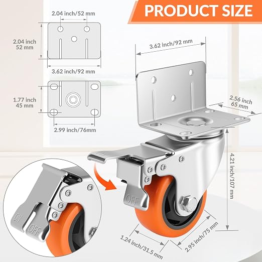 Caster Wheels, 3 Inch L-Shaped Casters Set of 4 Heavy Duty, Locking Caster - Image 2