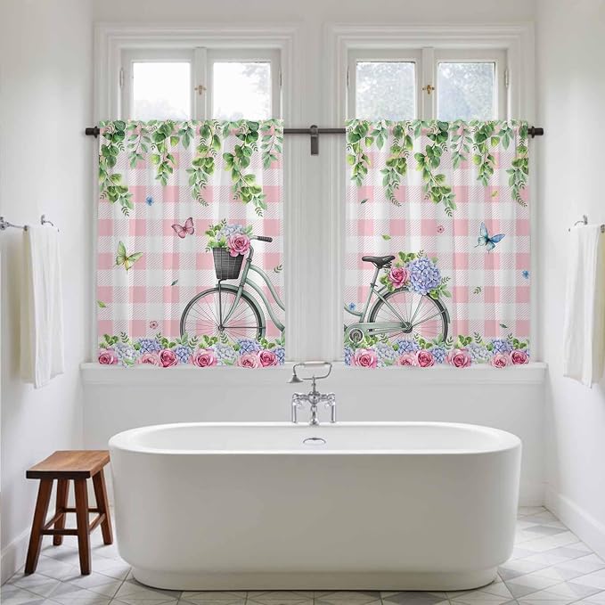 Spring Tier Curtains, Bicycles Leaves Butterfly Flowers Pink Buffalo Plaid - Image 5