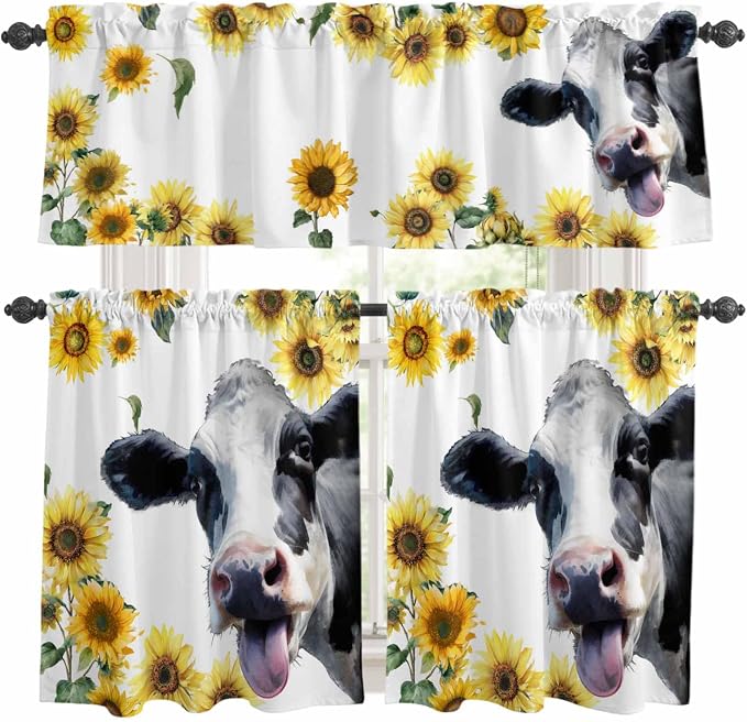Kitchen Curtains Tiers and Valance Set of 3, Cow Sunflowers Light Filtering by Anzona