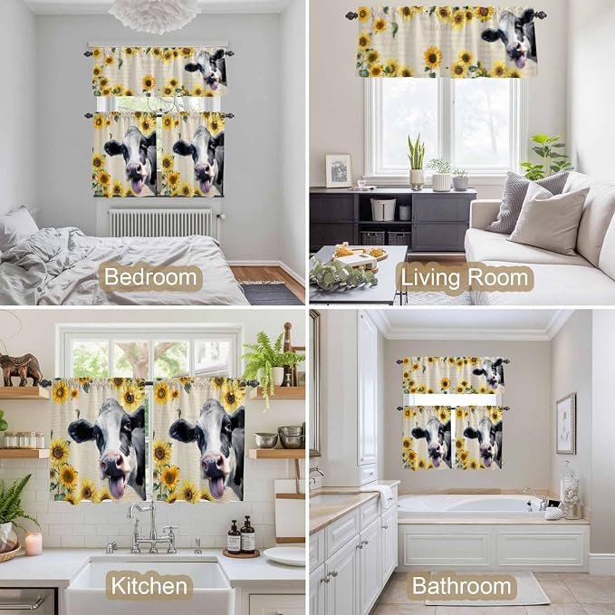 Kitchen Curtains Tiers and Valance Set of 3, Cow Sunflowers Light Filtering - Image 7