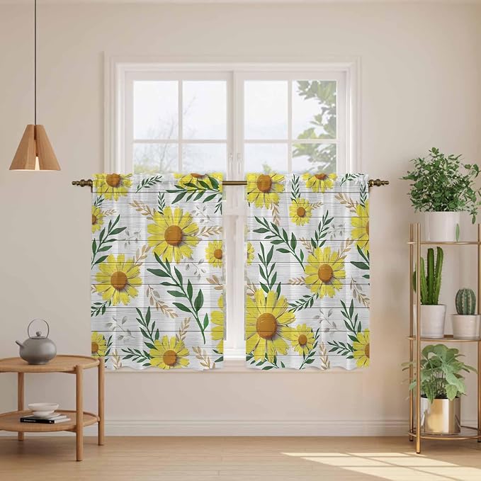 Yellow Daisy Kitchen Curtains, Farmhouse Country Flower Leaf Plant Wood Grain - Image 3