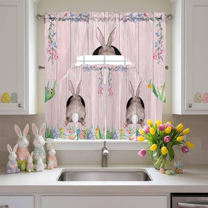 Swag Valance Curtains, Easter Cute Rabbit and Colorful Eggs Rod Pocket Valances - Image 4
